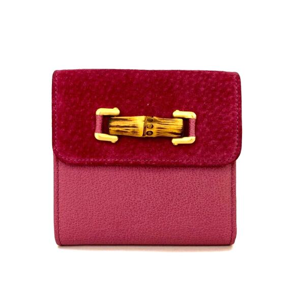 Authentic GUCCI Bamboo Two Tone Pink Kiss Lock Leather Trifold Compact Wallet - Picture 1 of 8